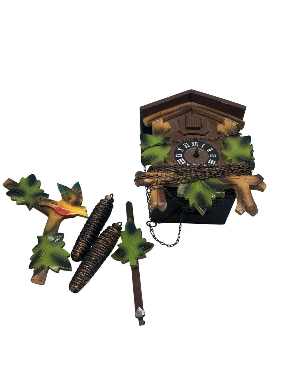 Small Brown Wood Wall Cuckoo Clock Mechanical Pendulum Pinecone Weights Birds